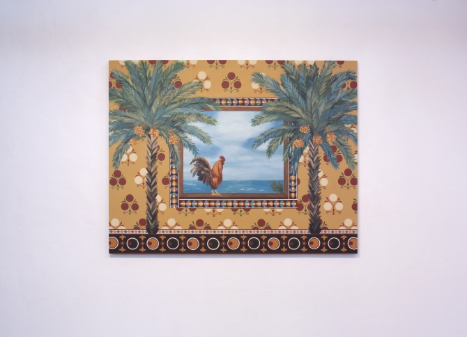 Rooster and Two Palm Trees